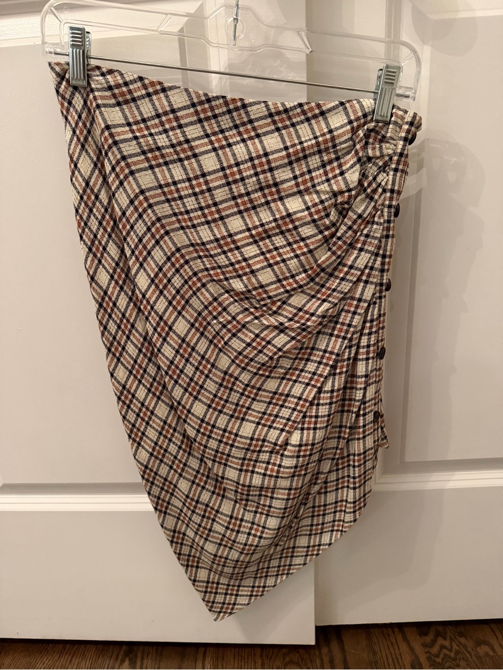 Veronica Beard Plaid Asymmetrical Wrap Skirt in Cream, Brown and Navy